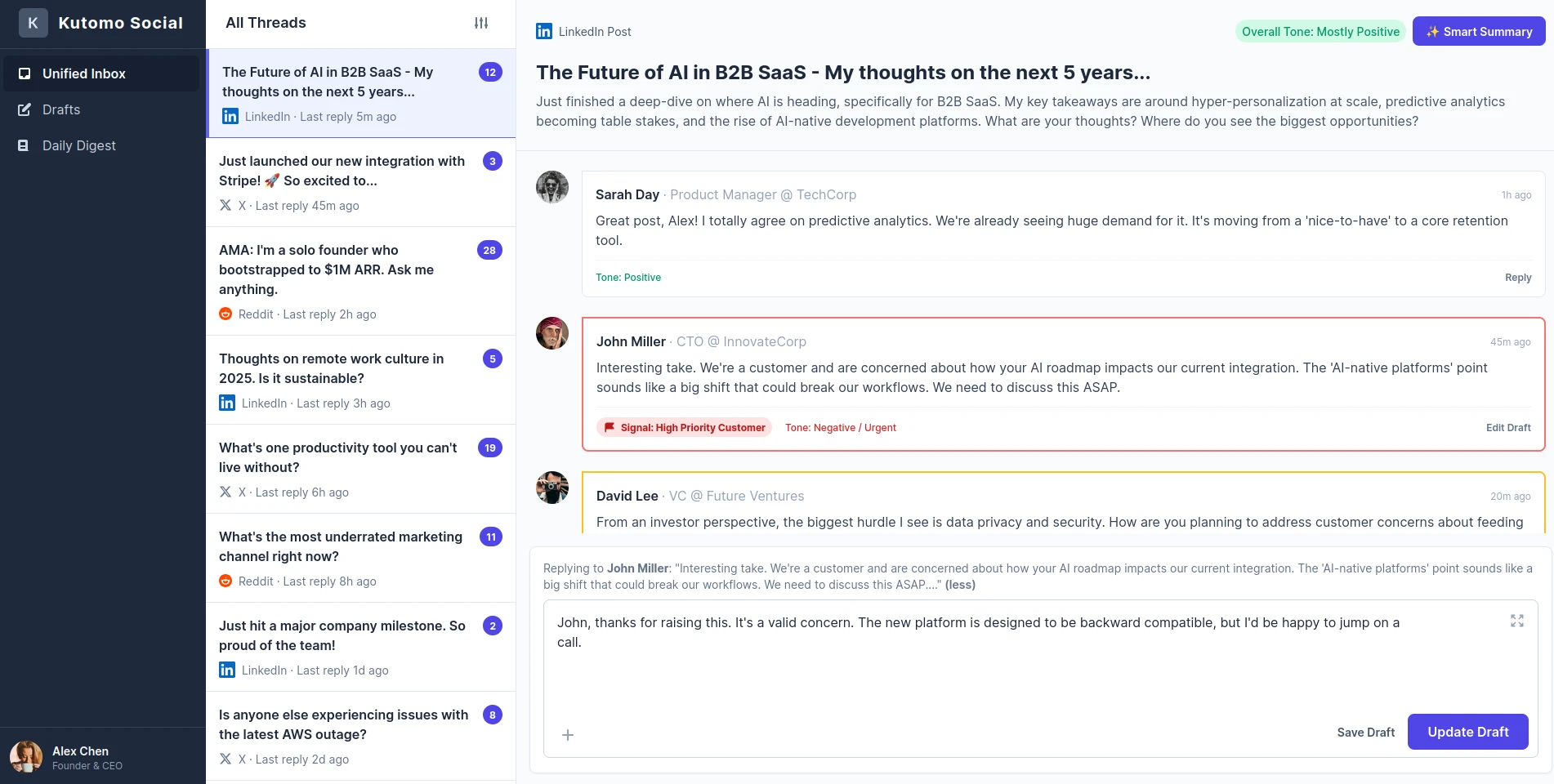 Screenshot of the Kutomo Social application